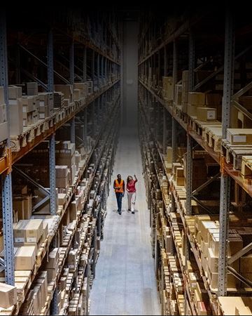Two people walking in a warehouse