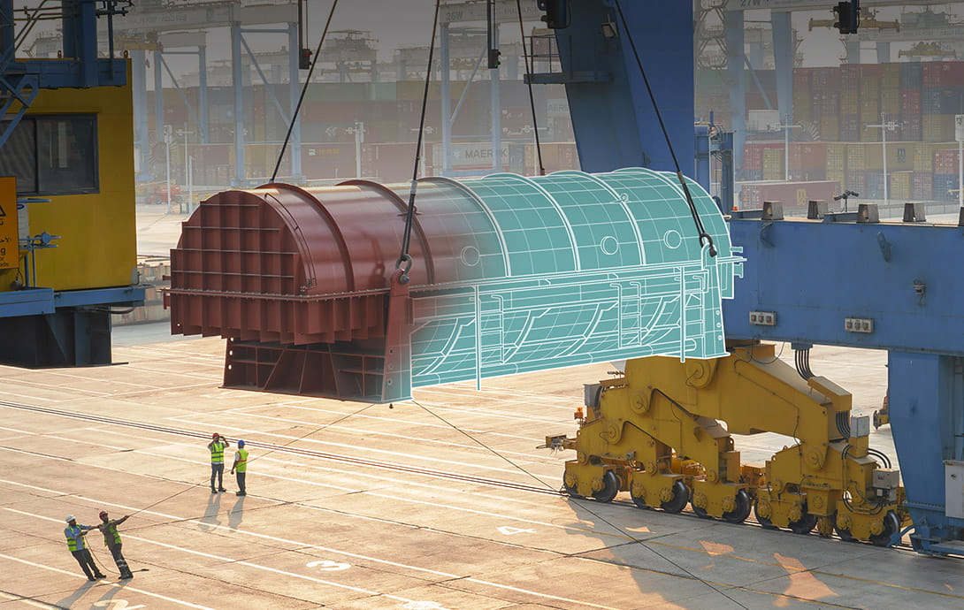 Project cargo half real half drawing being moved for loading on a vessel